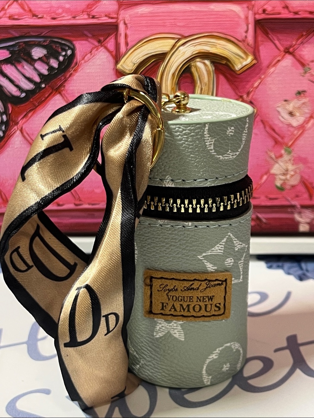 Fashion inspired - Sage Green Cylinder Accessory keychain Case w Gold Hardware